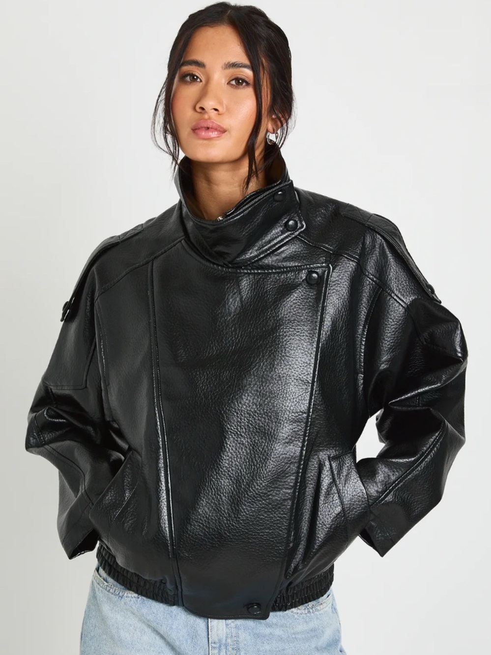 Cavalini Black Faux Leather Asymmetric Collar Bomber Jacket